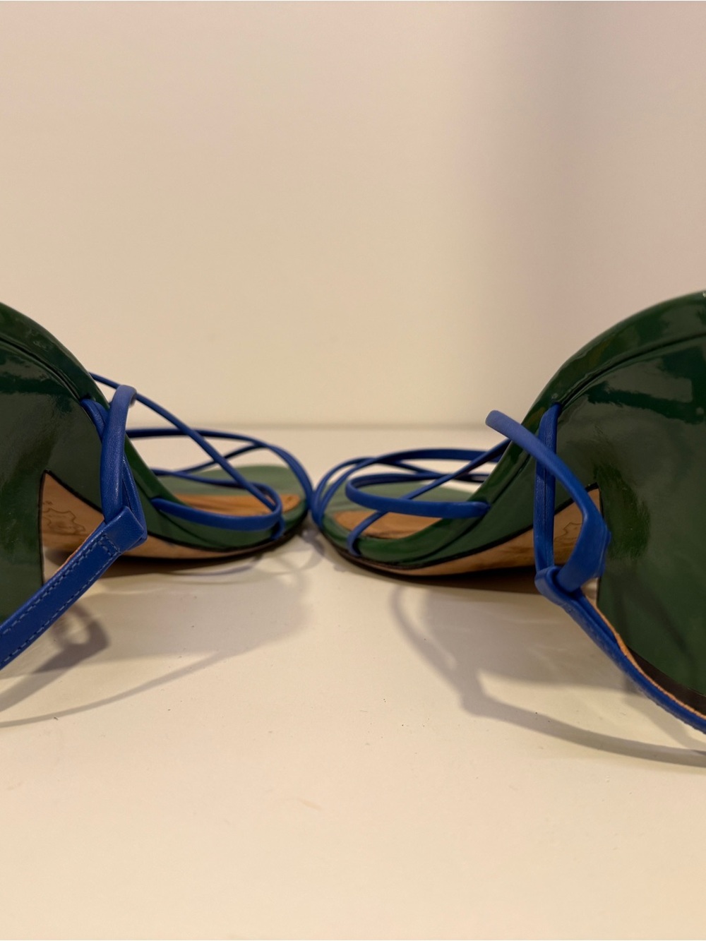 Tory Burch Green Patent Sandals with Blue Strappy Detail - Picture 6 of 7
